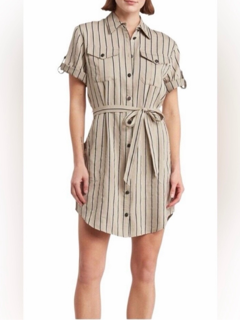 Rag & Bone Roxanne Utility Dress Linen Blend Belt Striped Beige Black